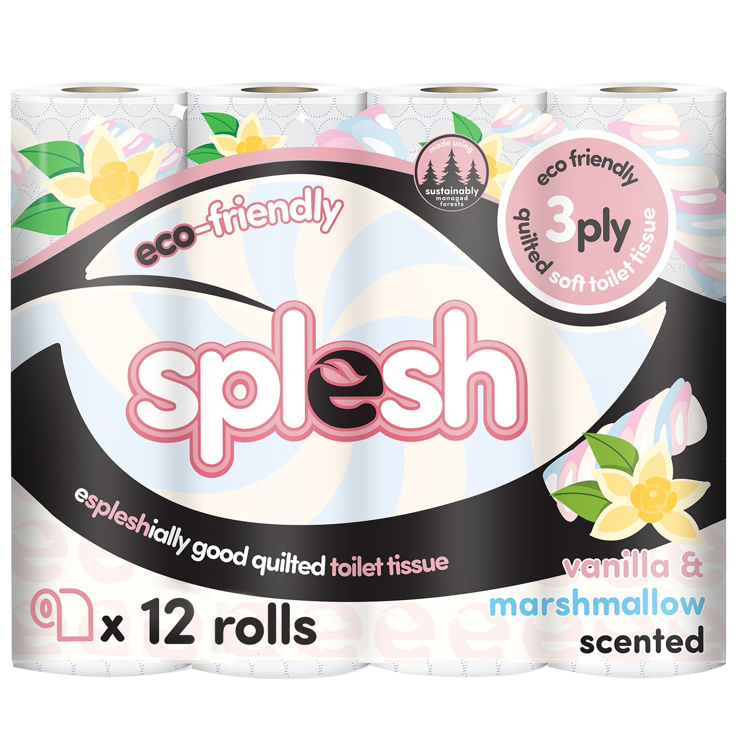 Splesh Quilted Toilet Roll Luxury Vanilla & Marshmallow 3-Ply Soft Toilet Paper, 12 Rolls